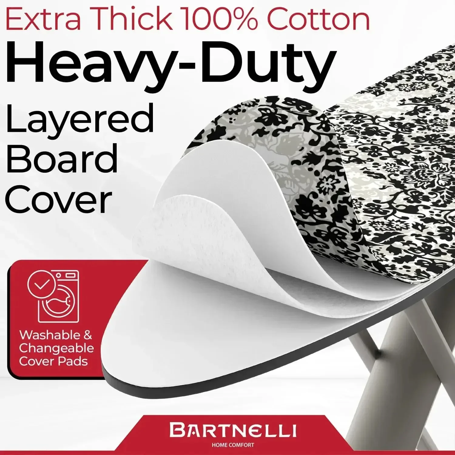 Bartnelli Pro Luxury Ironing Board-Extra Wide 62x19&rdquo; Steam Iron Rest, Adjustable Height, T-Leg Foldable, European Made
