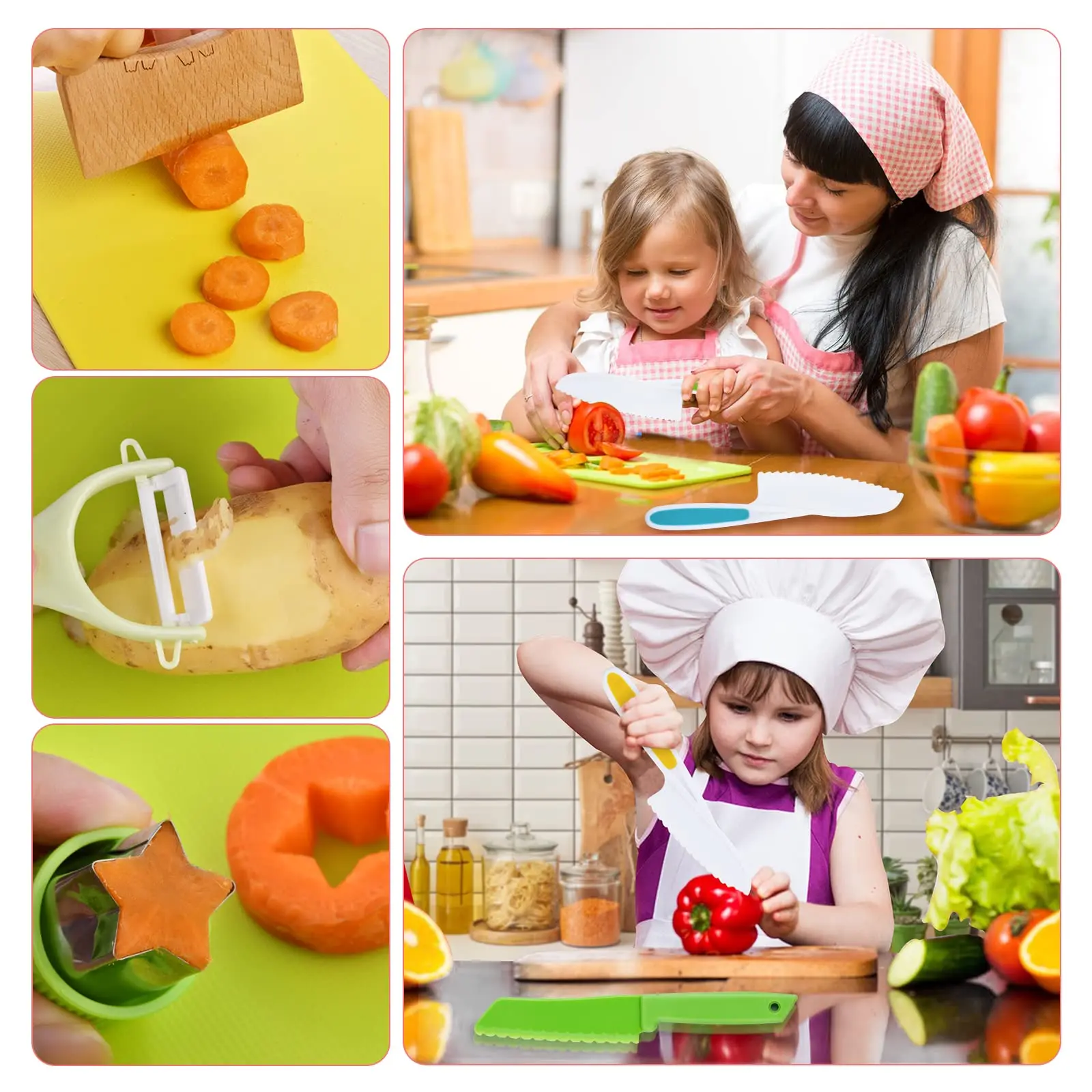 Set Di Coltelli Per Bambini 28 Pezzi - Kit Sicuro Da Cucina Con Coltelli In Plastica, Pelapatate, Tagliafrutta E Stampini