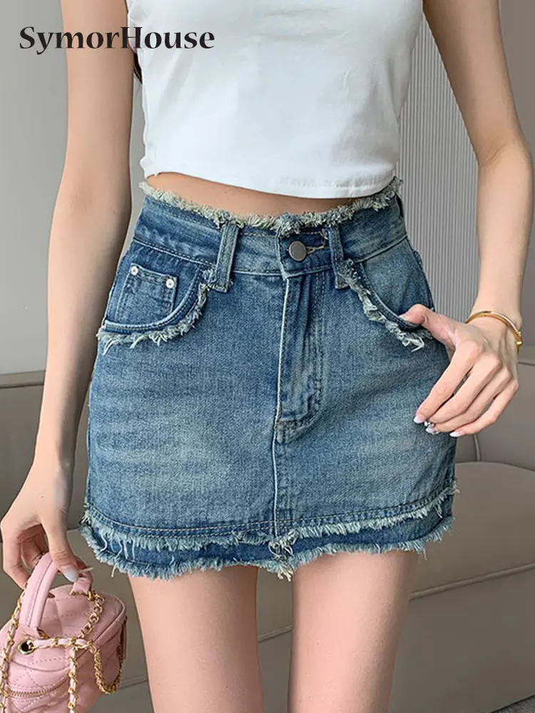 

Summer Denim Short A-line Skirt Women Fashion High Waist Korean Blue Package Hip Jean Mini Skirts Female