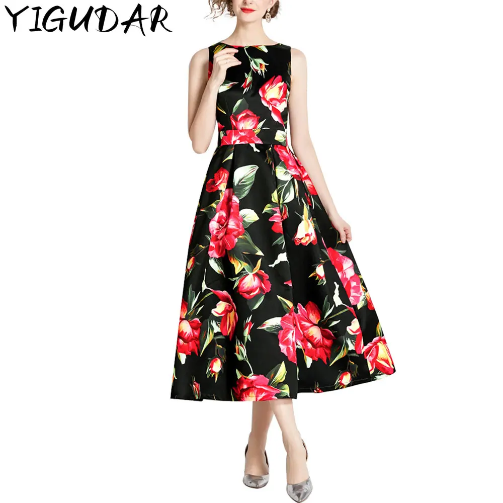 

Summer Vintage Women Dress Sleeveless O Neck Leaves Floral Print Cotton Linen Long Baggy beach dress xxxxxl платье летнее