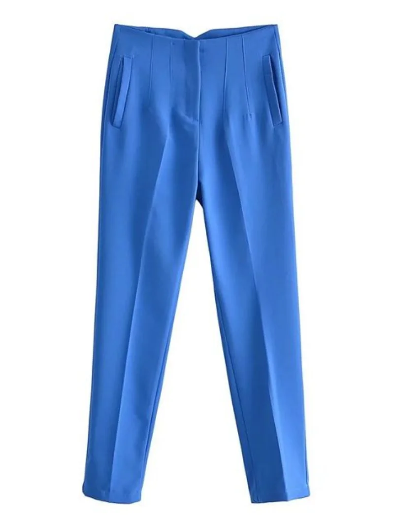 Women Light Blue Chic Fashion Office Wear Straight Pants Vintage High Waist Zipper Fly Female Trousers Fashion 2023 Clothes