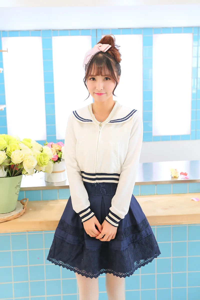 Sales Japan Liz Lisa Navy Collar Lace Mesh Embroidery Cotton Knitted Cardigan Coat  Sweat Shirts