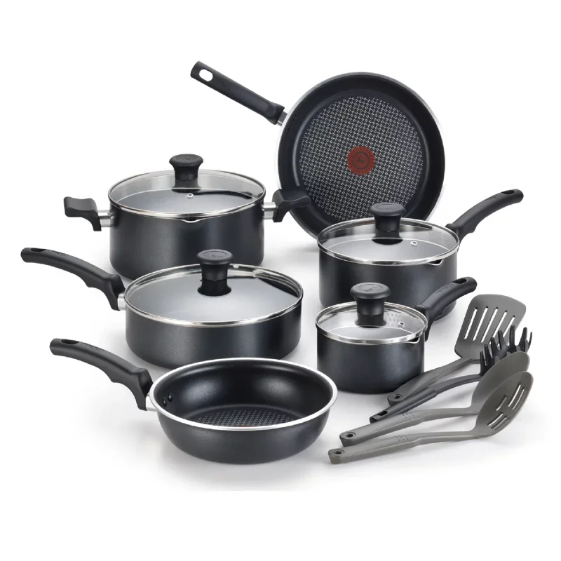 

BOUSSAC Cook & Strain Nonstick Cookware Set, 14 Piece Set, Black, Dishwasher Safe