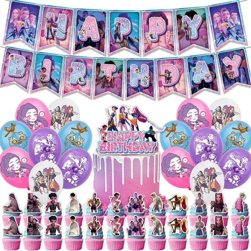 Kit Décoration Fête K-Pop Demon - Bannière, Ballons, Éventails - Thème Anime Chasseurs - Set-01