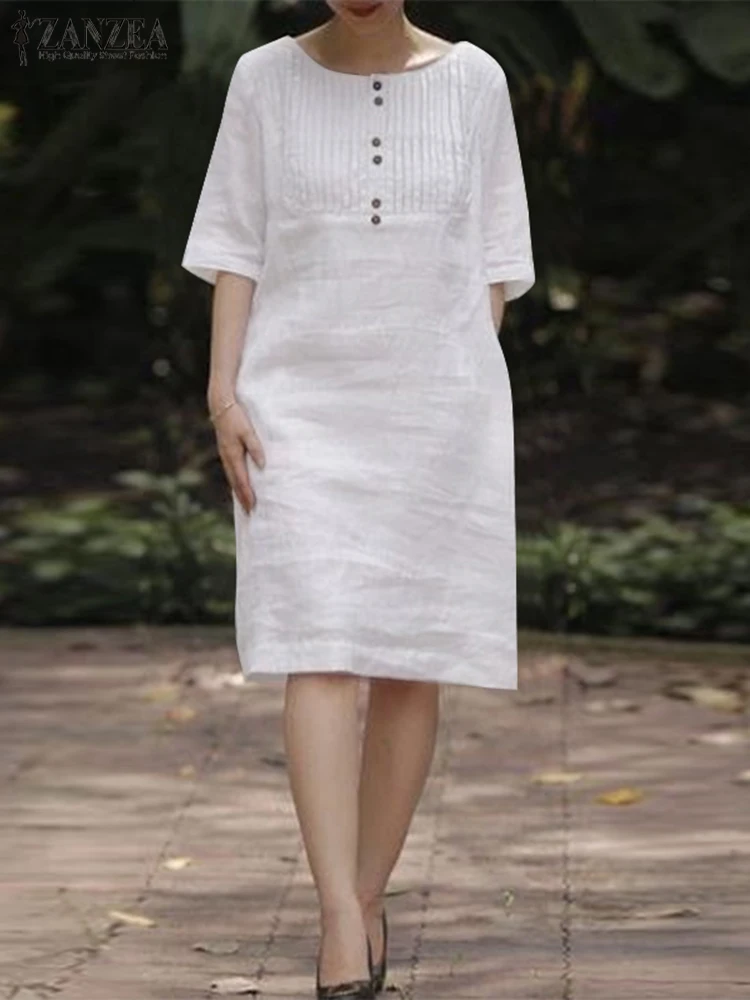 

ZANZEA 2024 весеннее однотонное платье, повседневное свободное платье с рукавом до локтя, женское простое платье с круглым вырезом, модное платье большого размера до колена