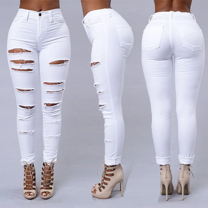 Calça Jeans Feminino De Cintura Alta Modelo Rasgado Com Elástico