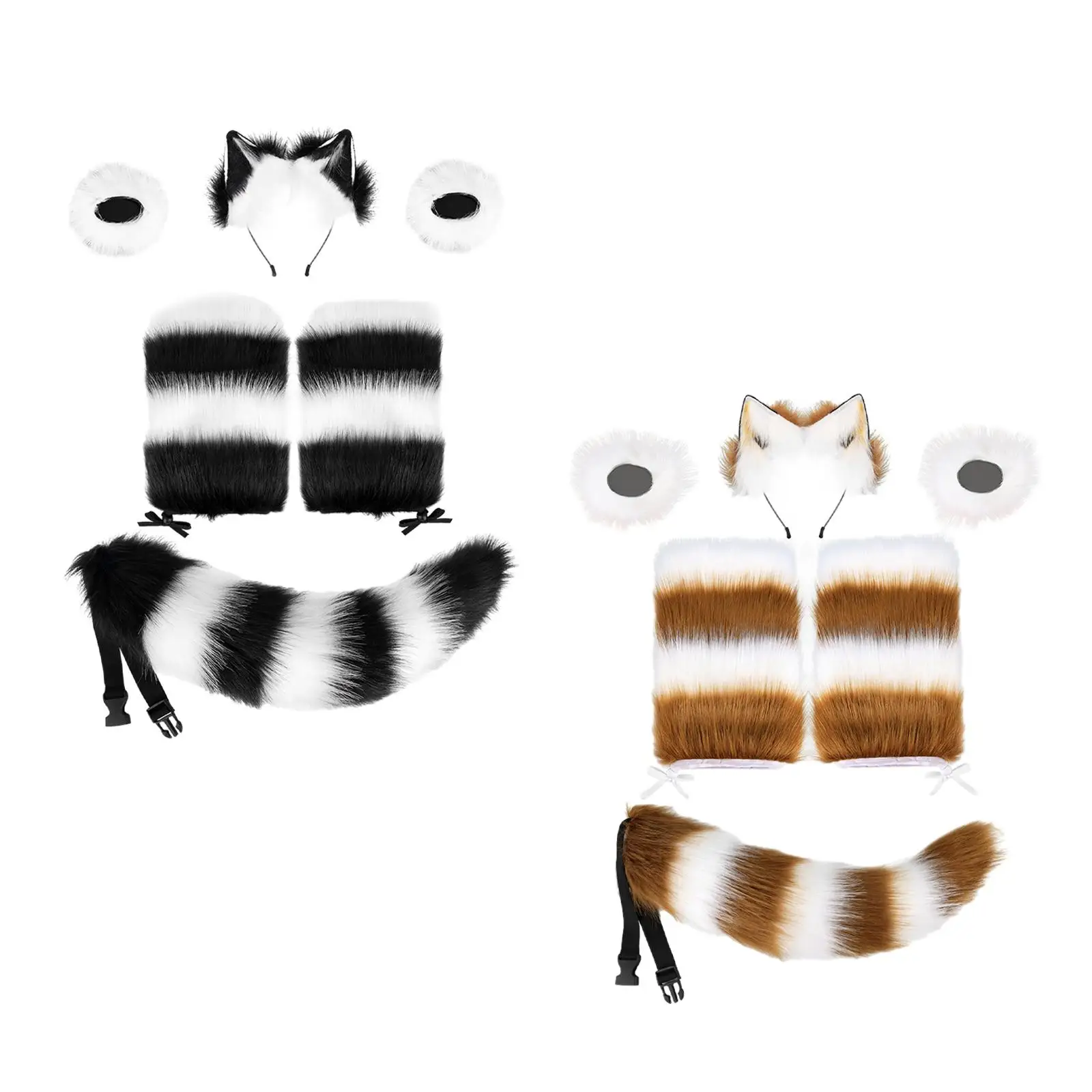 

Furry Ears and Tail Set Ladies Artificial Plush Furry Wristband Leg Sleeves for Fancy Dress Roles Play Festivals Party Holidays