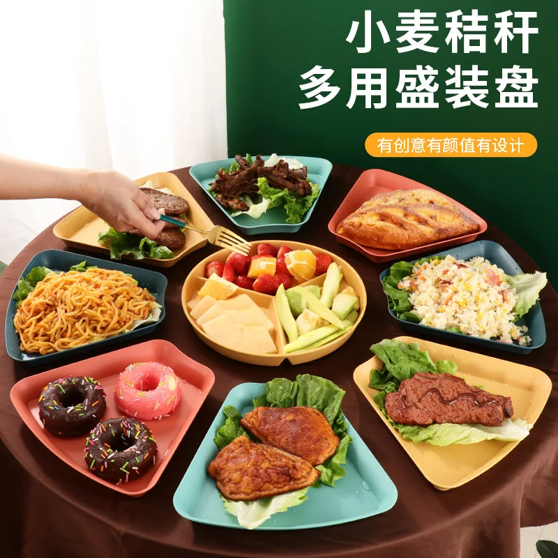 

Wheat Straw Household Split Dinner Plate Three Split Plate Snacks Fruit Octagonal Plate Plastic PP Plate