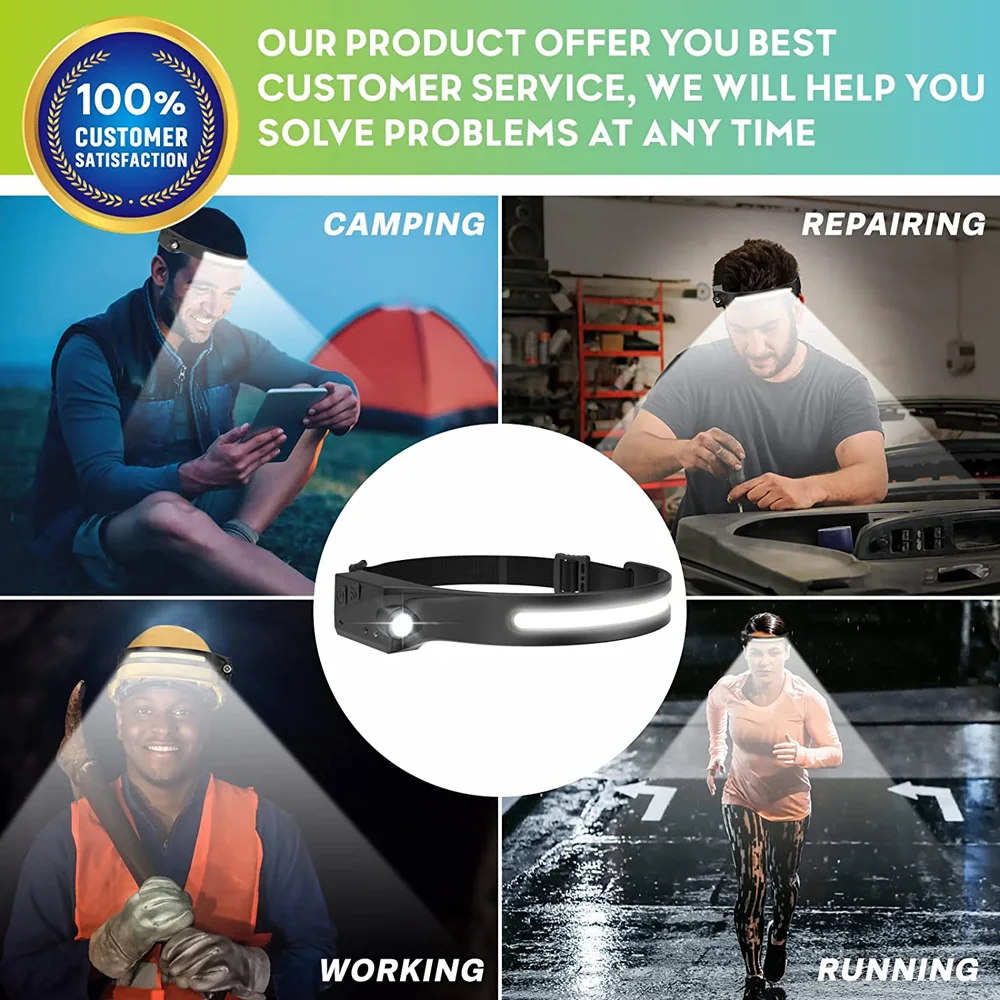 COB LED Headlamp Sensor Headlight with Built-in Battery Flashlight USB Rechargeable Head Lamp 5 Lighting Modes Torch Work Light