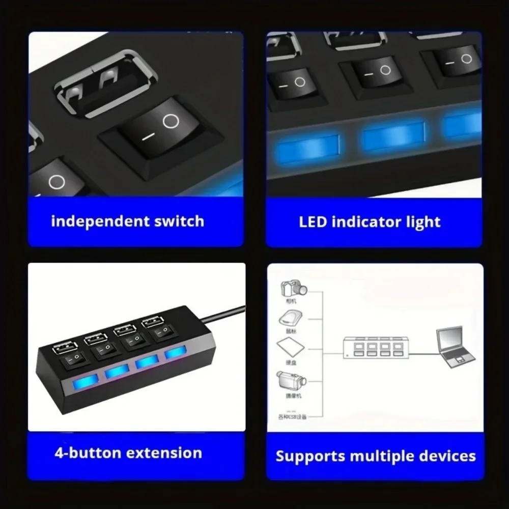 USB Hub High Speed 4/7 Port USB Splitter Power Adapter Multi Port Multiple Expander independent switch For PC Laptop Computers