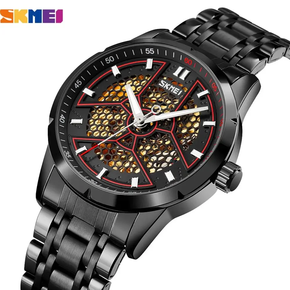 SKMEI Fashion Hollow out Automatic Mechanical Watch Honeycomb Mesh Pointer Men's Alloy Business Stainless Steel Watch