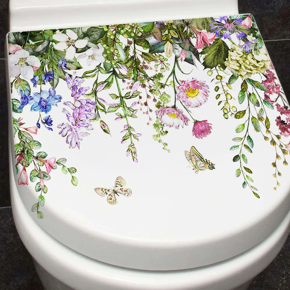 Plants Flowers Butterflies Wall Sticker Toilet Decor Decals Room Cabinet Home Decoration Bathroom Beautify Self-adhesive Mural wall stickers