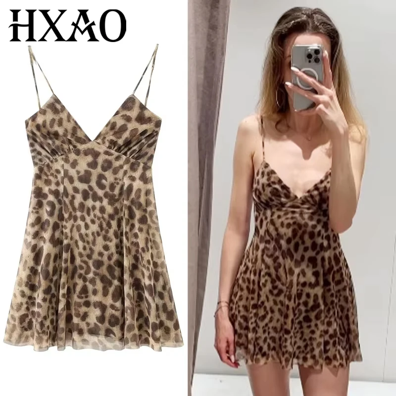 HXAO Damen-Slip-Kleider mit Leopardenmuster, Sommer 2022, Mini-Tüll-Druck, rückenfreies Kleid, Vintage-Mesh, ärmellos, Vestidos, schickes Resort-Kleid
