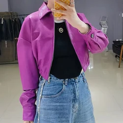 2024 Leather Clothing for Women Female Genuine Sheepskin Purplish Red High Waisted Short Jacke Motorcycle Practical Coat