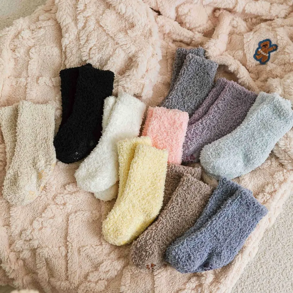 Winter Thickening Coral Fleece Baby Socks Solid Color Cat Paw Non-Slip Sole Socks Infant Learning Walk Socks