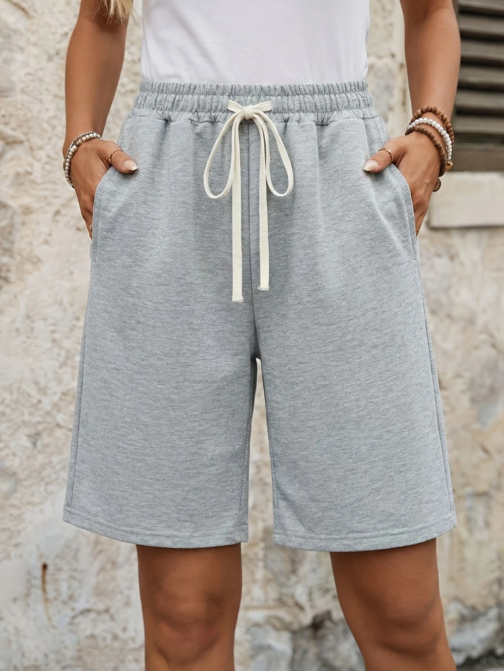 Shorts décontractés d'été pour femmes, couleur unie, double poche, taille à cordon, pour sports de plein air, jogging et jeux de ballon