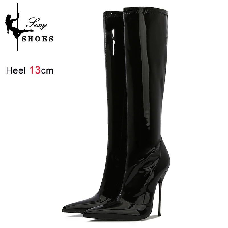 Knee-High Pointy Toe Women Boots 13cm Ultra Thin Steel High Heels Metal Heel Patent Leather Wide Calf Boots for Women Plus Size