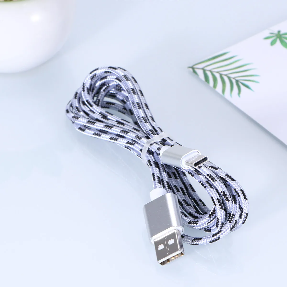 2M 실버 나일론 편조 타입 C USB 케이블 고속 충전 데이터 동기화 코드 (스마트폰, 태블릿, 여행, 가정, 사무실, 차량용)