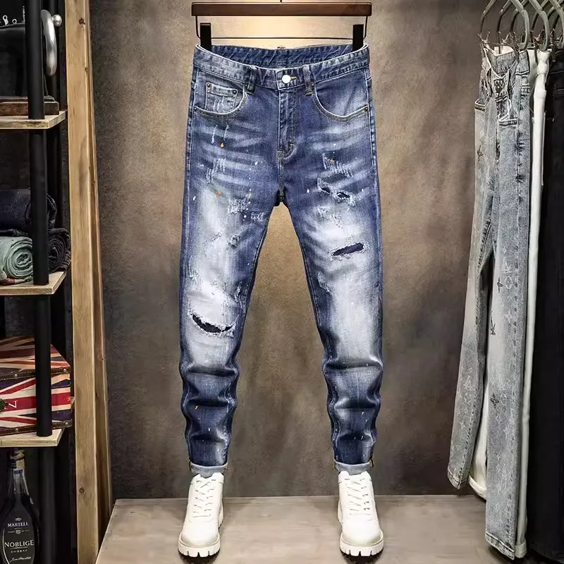 Streetwear Fashion Men Jeans Retro Blue Stretch Skinny Fit Ripped Jeans Men Painted Designer Hip Hop Vintage Denim Pants Hombre