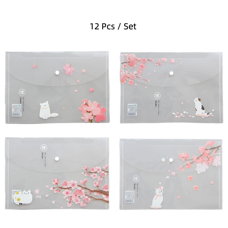 12Pcs/set Of A4 Cartoon Cute File Folders Snap Bags Pink Dinasour Pattern Documents Pockets For Girls Boys School Supplies