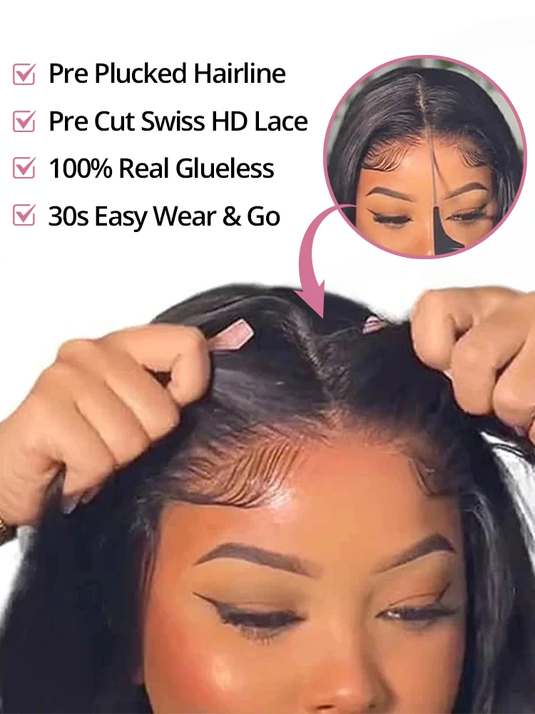 40 46 Inch Bone Straight 7x5 Glueless Wigs Human Hair Ready Wear And Go Pre Cut Lace 100% Human Hair 13x4 No Glue Silky Hair Frontal Wigs For Women 300 High Density Brazilian Preplucked Hairline 3-5 Day Fast Delived 4