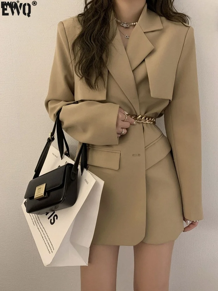

[EWQ] Women Notched Collar Long Sleeve Solid Blazers Female Clothing 2023 Autumn Spliced Chain Slim Blazer