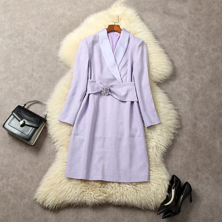 

European and American women's clothing 2023 autumn new Long sleeve lapel belt fashion Purple slim dress