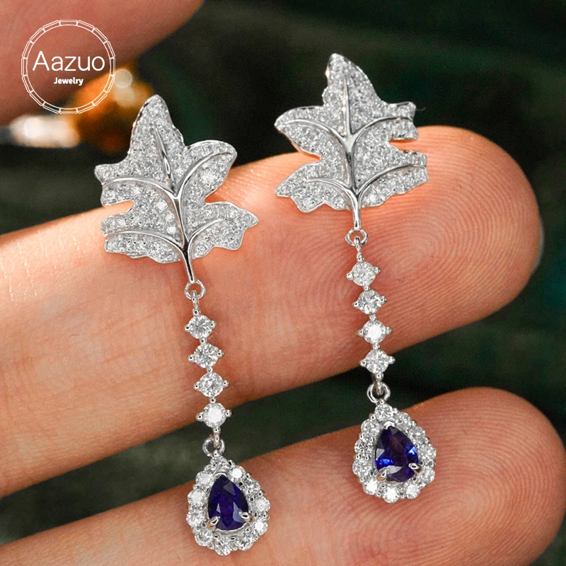 Aazuo 18K White Gold Natural Blue Sapphia Real Diamond Classic Maple leaf Stud Earring gifted for Women Engagement Wedding Party