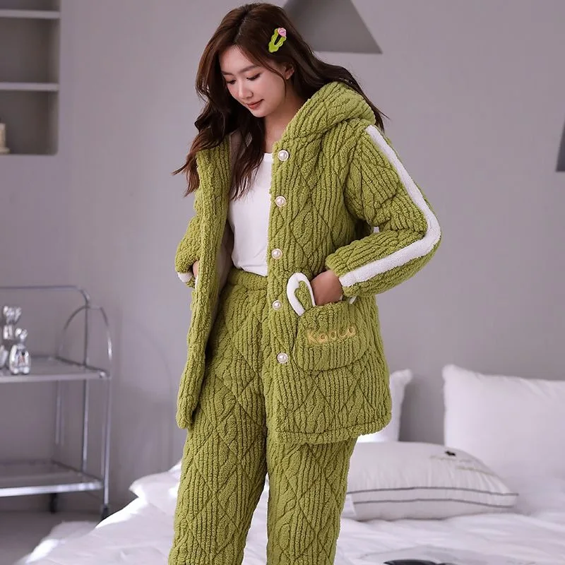 Women Pajamas Set Winter Three-layer Cotton Warm Loungewear Cute Foreign Velvet Sleepwear Super Thick Fashion Home Service Suit