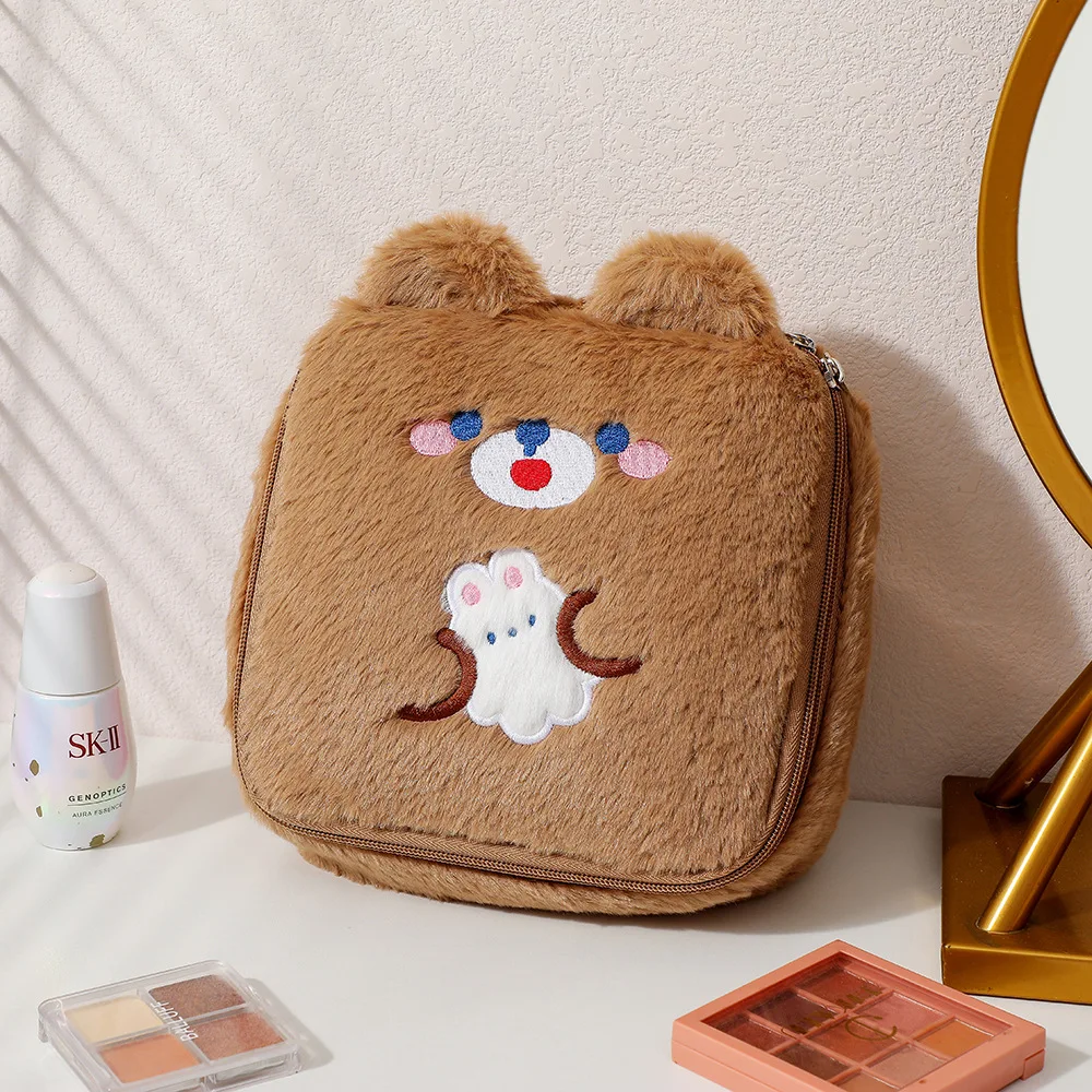Flannel Bear Cosmetic Bag Cute Embroidery Plush Storage Bag Kawaii Student Large Capacity Pencil Case Korea Fashion Pen Box