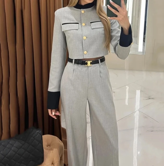 Women's Fashion Long Sleeve Crop Top & Wide Leg Long Pants Set Temperament Commuting Female Elegant Trousers Suit 2 Piece Outfit autumn new professional ol temperament slim red blue suit jacket high waist trousers suits for women elegant business suit