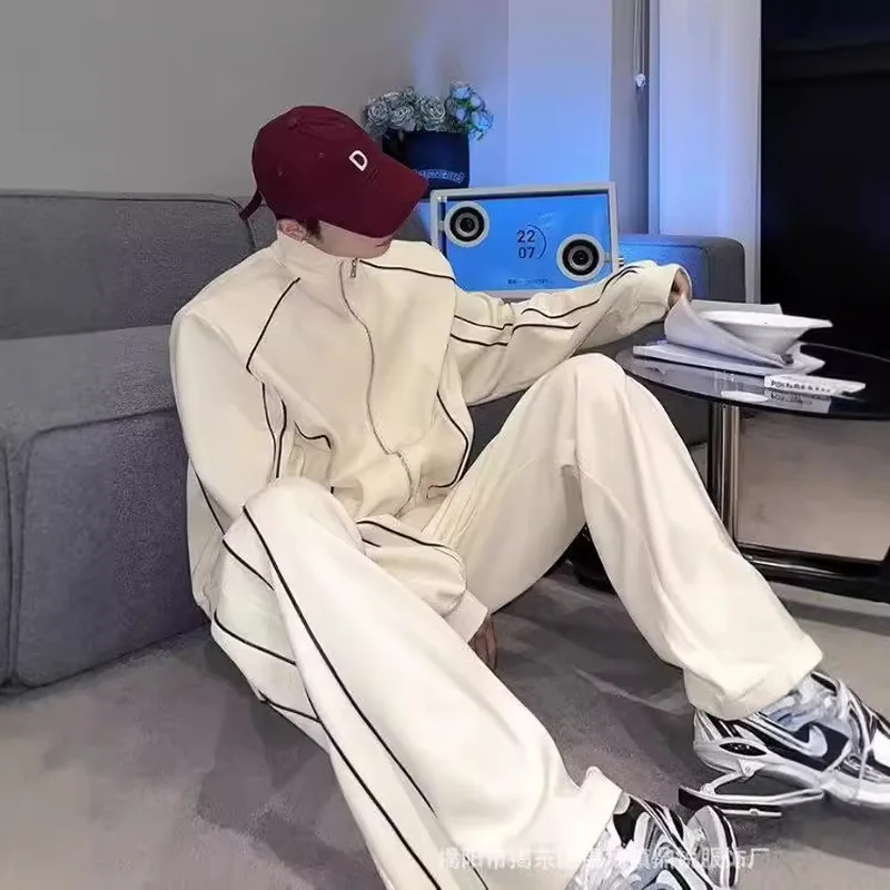 남성용 캐주얼 수트, 루즈하고 부드럽고 편안한 디자인 가디건, 스탠드업 칼라 재킷, 와이드 레그 팬츠, 트렌디 한 2 피스 세트