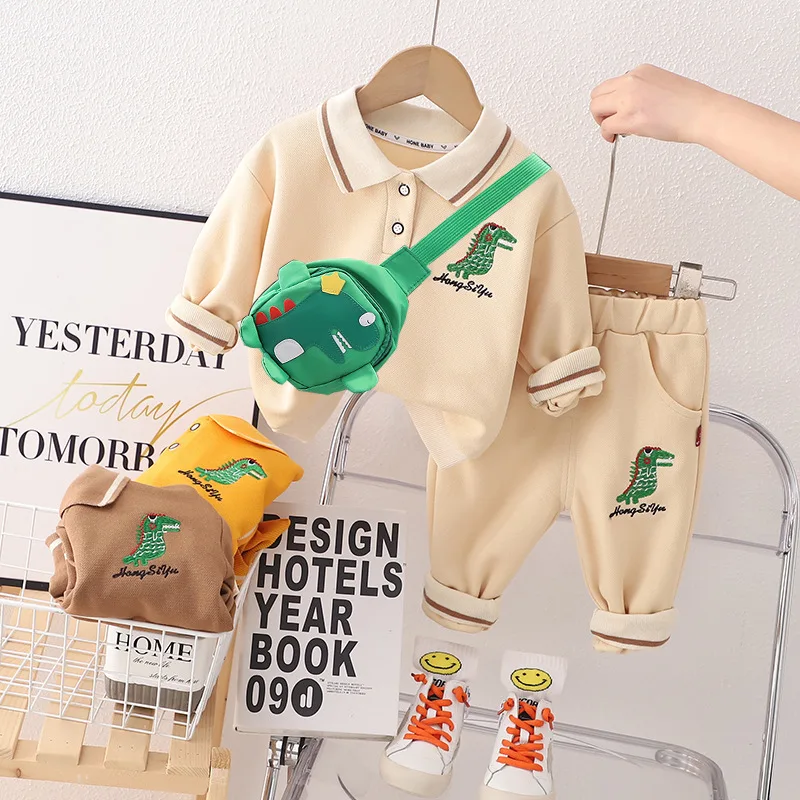 

New boys and girls baby suit baby lapel cartoon dinosaur sweater long sleeved trousers two-piece set 0-5 years old