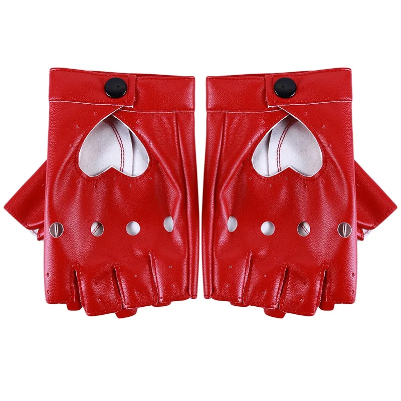 Women Fashion PU Leather Half Finger Gloves Heart Hollow Fingerless Gloves for Boy Dance for pu leather gloves