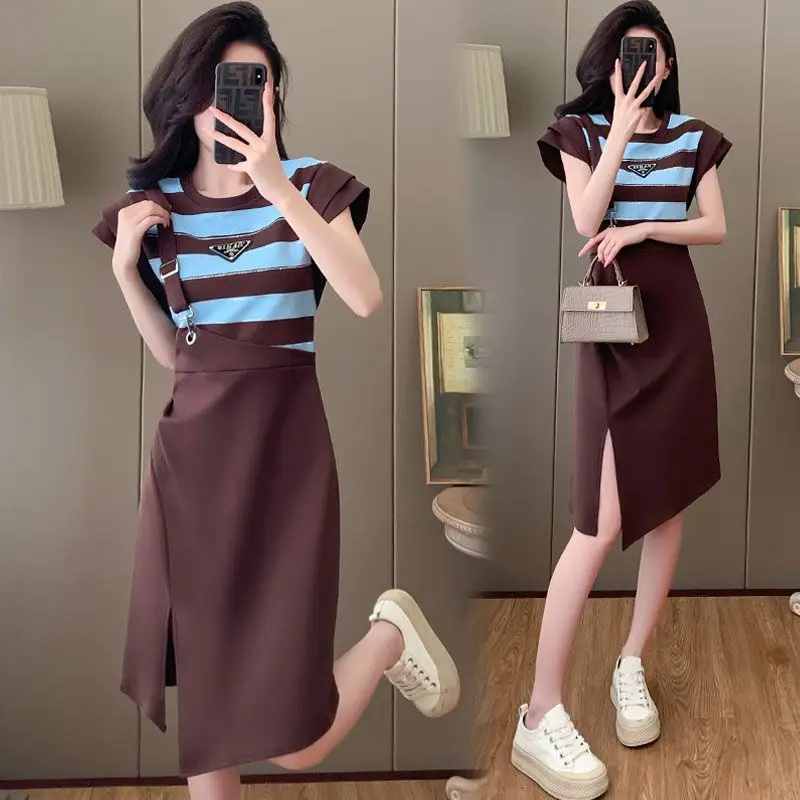 

Fashion fake two-piece sweater dress 2024 summer design feels foreign and slim casual striped stitching dress