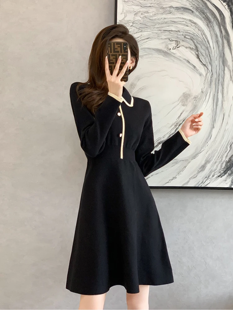 2023 new autumn and winter golf high-waisted knitted dress slim lapel long-sleeved skirt