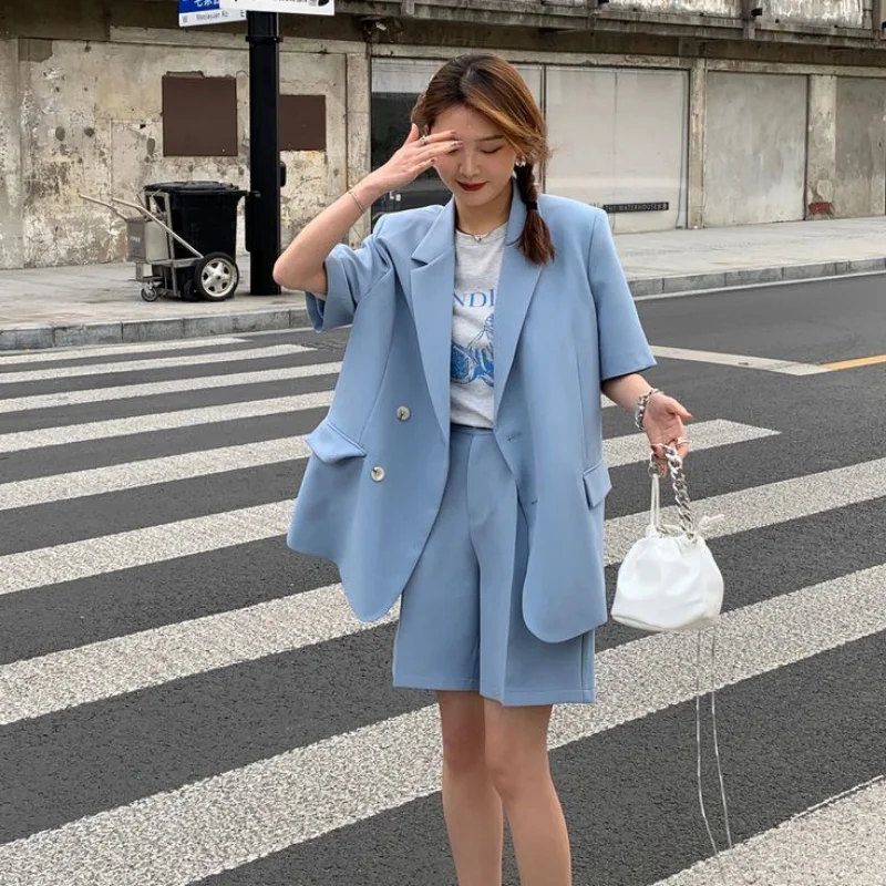 Clothing White 2023 Sleeve Summer Korean Style Blazer and Shorts Suit for Woman Kit Women's Short Pants Sets Complete Two Pieces