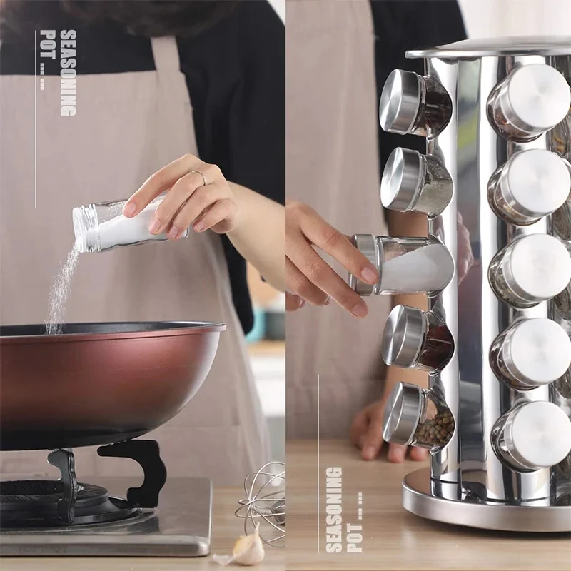 Rotating Tray Spice Rack with Round Bottle 430 Stainless Steel Kitchen Organizer Pantry Cabinet For Seasoning Storage