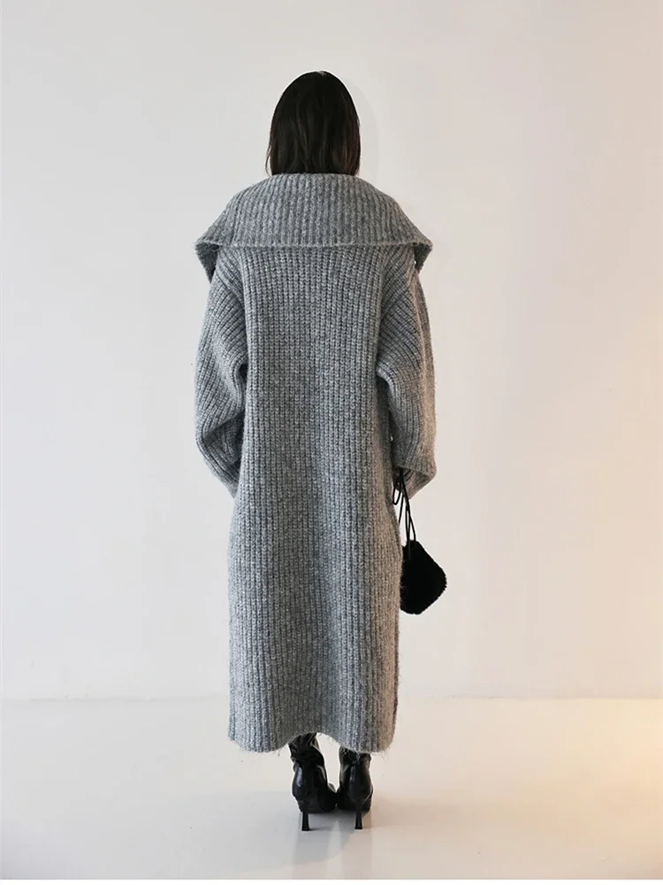 여성용 루즈한 대형 라펠 니트 스웨터 가디건, 빈티지 단색 패션, 얇은 롱 니트 코트, 용수철 가을 신상