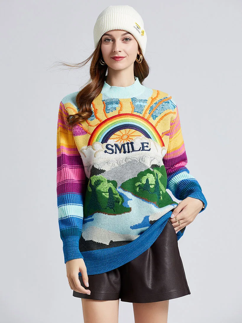 Oversized Sweater Women 2025 Fashion Rainbow Striped