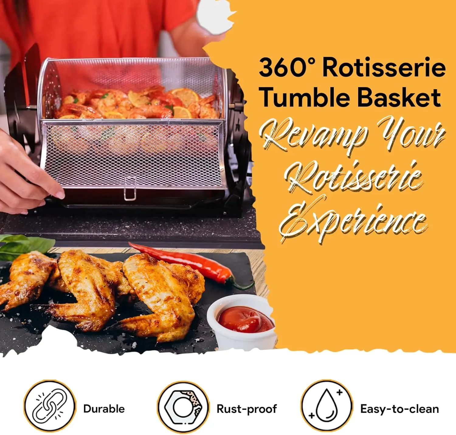 Rotisserie Kit w/Tumble Basket - Stainless Steel, Non-Electric - For Grills, Ovens, Smokers - Gas/Charcoal BBQ, 2