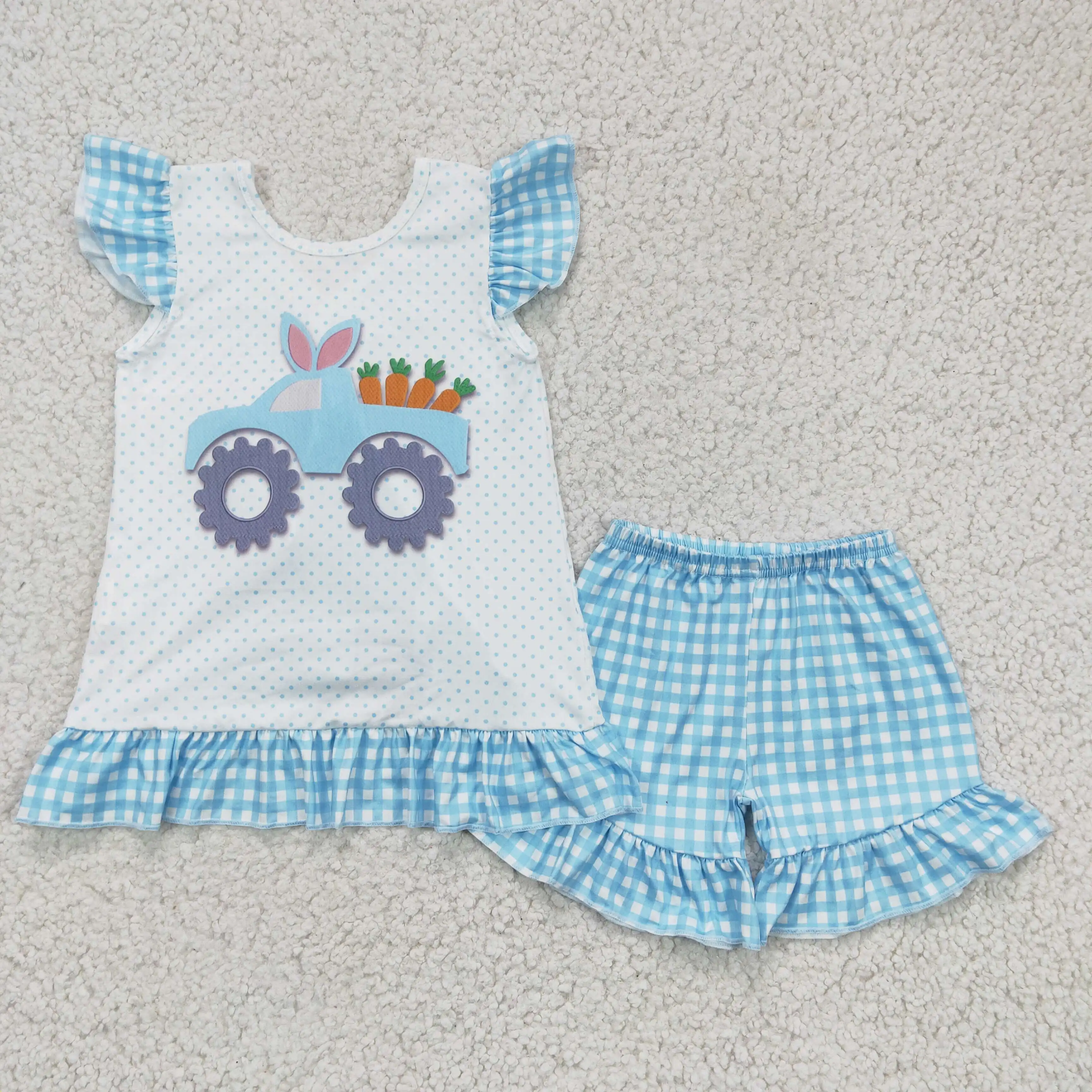 

GSSO0127 girl flutter sleeve truck and carrot print top match blue white plaid ruffle shorts