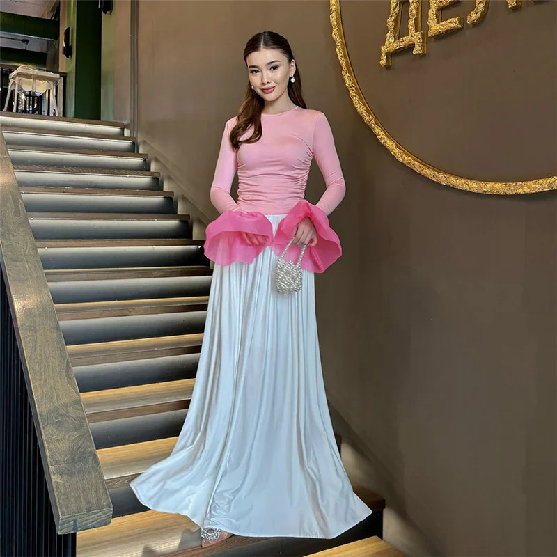 Mesh Ruffled Patchwork T-shirt Top For Women Long Sleeve High Waist Cropped Top Pullover Streetwear Female Slim Y2k Top