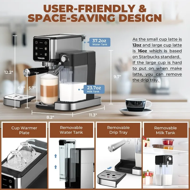 TENKER Espresso Machine 20 Bar, Cappuccino Machine with Automatic Milk Frother, Latte Machine in Stainless Steel Design 5
