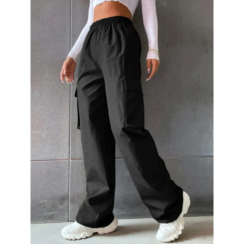 

Women's Wide Leg Cargo Pants with Solid Flap Pockets and Loose Fit
