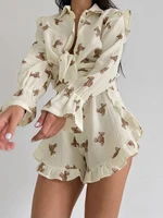 Marthaqiqi Home Clothes Women Turn-Down Collar Pajama Long Sleeve Nightwear Shorts Causal Printing Ladies Sleepwear 2 Piece Suit - Image 4