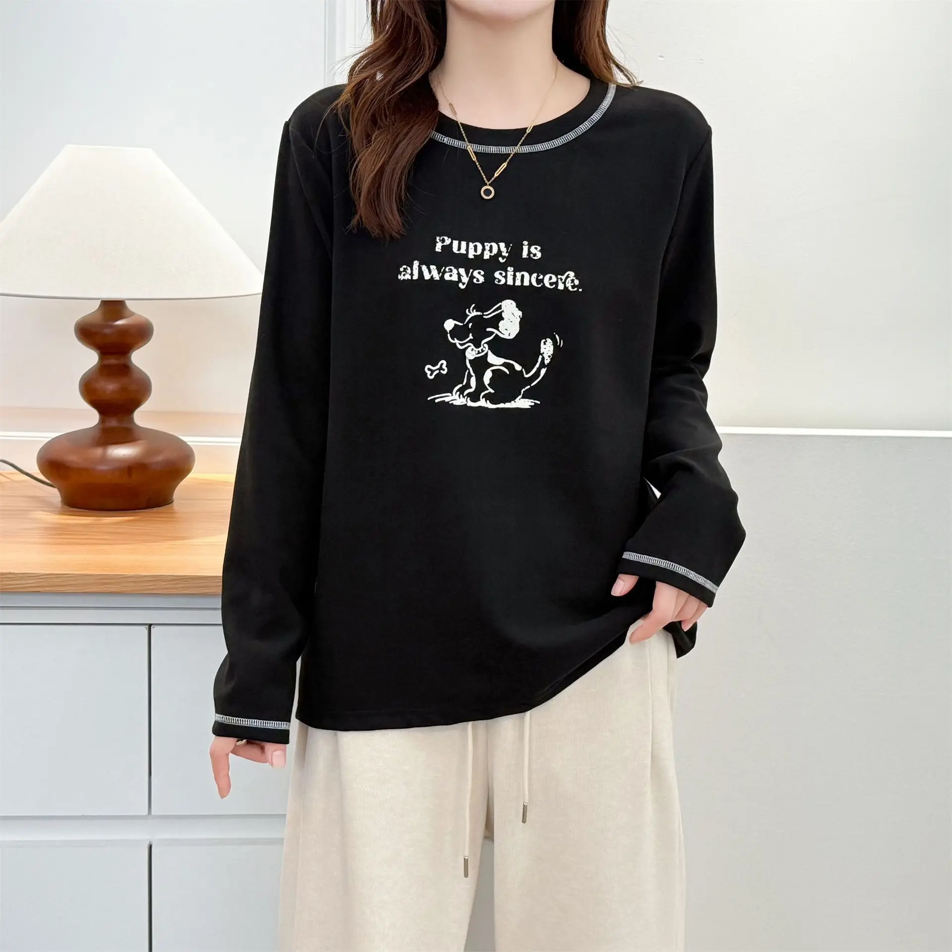 XXXXL Fashion Plus Size Women's T-Shirt Autumn Winter Youthful Casual Printed Cartoon Long Sleeved De Velvet Warm Tops 7051