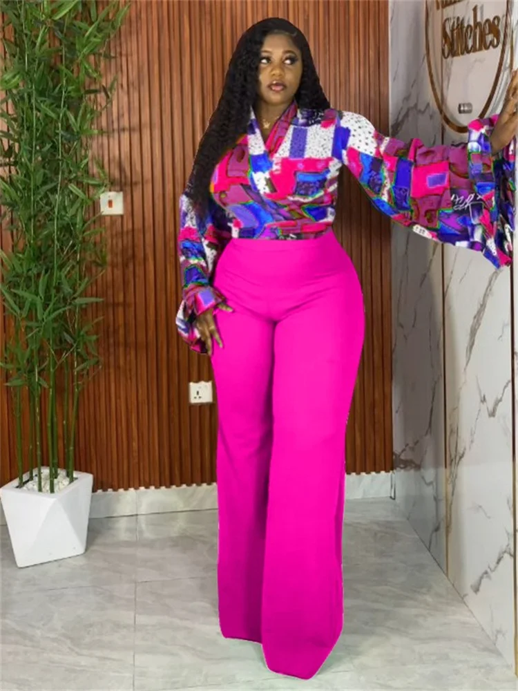 Wmstar Plus Size Two Piece Sets Wholesale Long Sleeve Print Top and Wide Leg Pants Matching Suit Fall Clothing Dropshopping