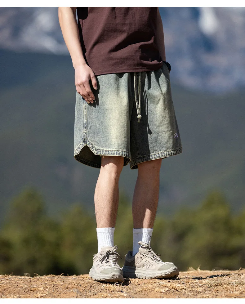 Distressed wash cargo denim shorts embroidered casual loose drawstring cropped streetwear pants