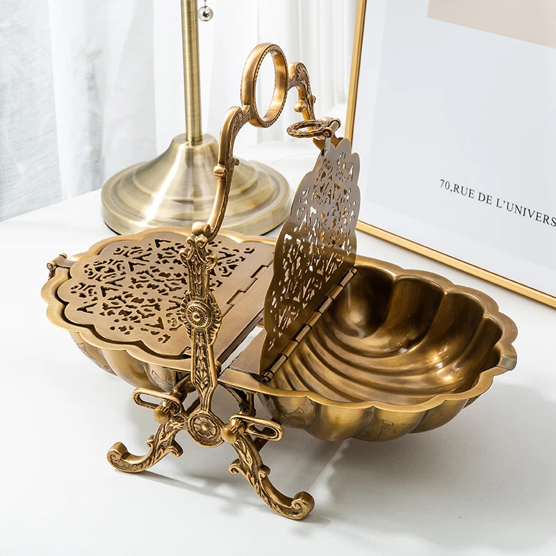 

European Style Hollow Handmade Brass Snack Dried Fruit Basket Folding Light Luxury High-End Home Decoration Storage Tray